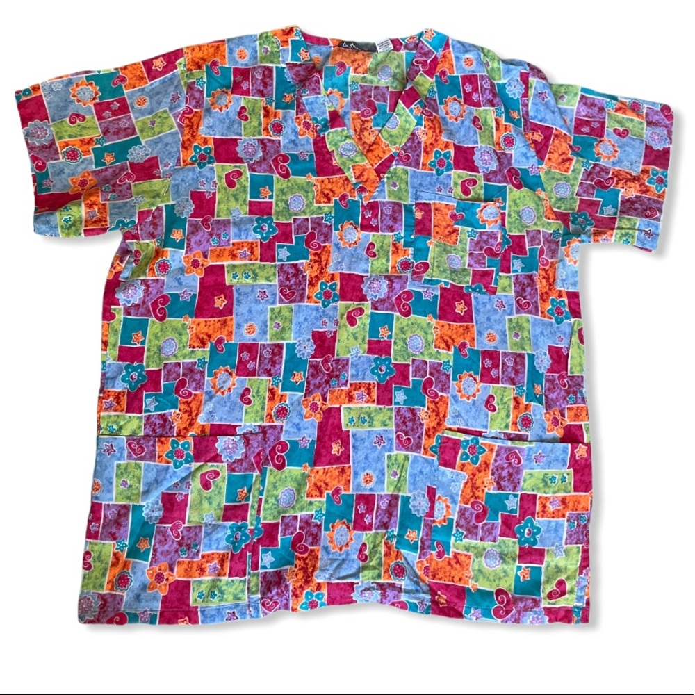 Abstract Hearts and Flowers Patterned Scrub Top